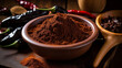 Mexican mole, in a wooden bowl, Thick, rich and complex Mexican sauce with chilies, chocolate, spices and sometimes meat, for sophisticated dishes