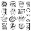 Set of gambling vintage print, logo, badge design with wheel of fortune, two dice, skeleton hand holding dollar, poker playing card, casino chips, slot machines and horseshoe silhouette. Vector