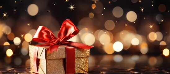 Wall Mural - Luxurious holiday gift boxes with a prominent red bow set against a bokeh background of festive lights