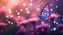 Butterfly On Pink Flower With Bokeh Light Background