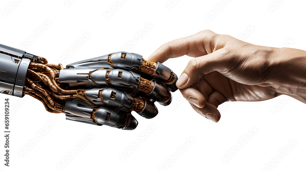 Robot hand and human touch, Big Data network connection with AI ...