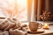 Cozy Blanket with a Cup of Tea on a Window Sill - Winter Atmosphere - AI Generated