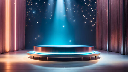 silver platform on festive stage background with blue light beam in the middle. 3d render illustrati