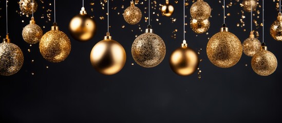 Canvas Print - Gold Christmas balls and ice crystals hanging on black background perfect for holiday greetings