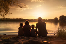 Silhouette Of A Family Having A Picnic By The Lake Happily