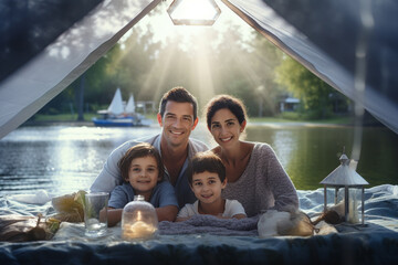 Happy family picnicking in a tent at the riverside