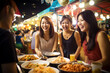 © toonsteb - Group of young female friends eating happily at a street food market