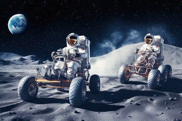 Wall Mural - astronauts on lunar vehicles racing across the moon's surface. moon exploration concept