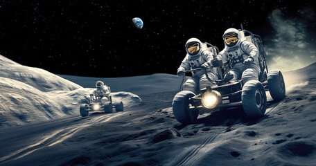 Wall Mural - moon race concept. astronauts in buggies racing on the moon's surface, representing futuristic space