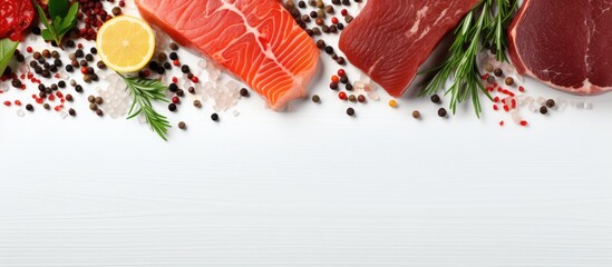 Poster - Top view of organic food a banner with raw meat including steak salmon beef and chicken displayed on a white wooden background