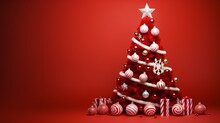 Red Christmas Tree With Red And White Balls, Xmas Background Concept With Advertising Space For Text