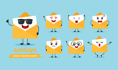 Wall Mural - cute envelope cartoon with many expressions. postcard different activity pose vector illustration flat design set with sunglasses.