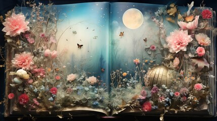 Wall Mural - an open book with a painting of flowers and butterflies on it. generative ai