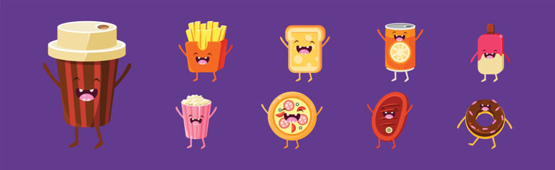 Canvas Print - Funny Fast Food Character with Happy Smiling Faces Vector Set