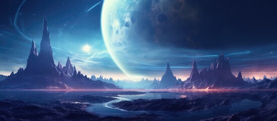 Wall Mural - illustration of a cold futuristic sci fi landscape with neon lights