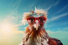 A Studio Portrait Of A Funky Rooster Wearing Aviator Sunglasses On A Seamless Blue Background, Copy Space For Text.