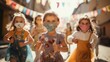 © visoot - Group of cheerful kindergarten kids wearing colorful face masks in a sunny playground.