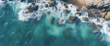 Aerial View Of Sea And Rocks, Ocean Blue Waves Crashing 