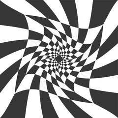 Wall Mural - Checkerboard black and white psychedelic pattern. Optical illusion art background. Chess grid abstract Y2k square. Wavy circular perspective illustration