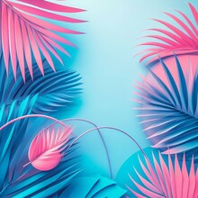 Tropical Leaves In Bright Creative Pink And Blue Colors. Minimalistic Background Concept Art.