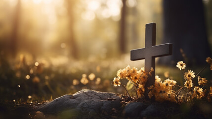 Capture the solemn beauty of a Catholic cemetery with a grave marker and cross engraved on it set against a softly blurred background to create a sense of peaceful serenity Funeral concept