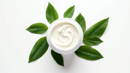 Cosmetic skin care cream with leaves on white background, beauty makeup healthy skincare concept 