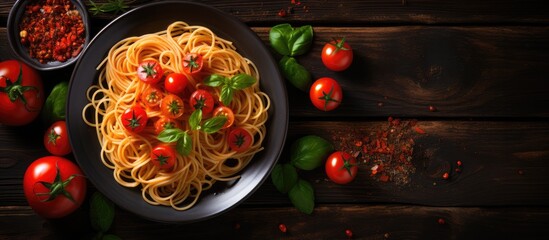 Poster - Italian pasta dinner with spaghetti tomato basil and cooking ingredients