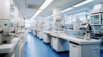 Poster - Modern Science Laboratory With Computers, Microscopes, Test Tubes And Other Laboratory Equipments.