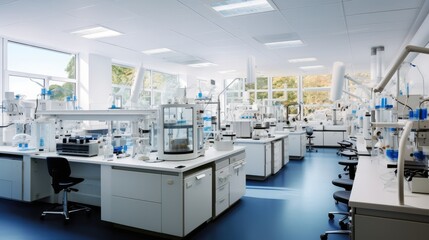 Poster - Science laboratory, Research desks, Medical test machine on counter in hospital.