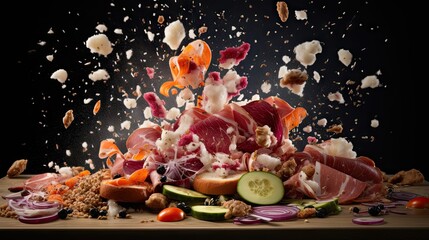  a pile of food that includes meat, cheese, and vegetables.  generative ai