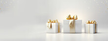 Gift Box With Gold Ribbon On White Background, For Christmas, Birthday, Holiday Horizontal Digital Banner With Copyspace, Xmas Present