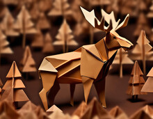 Origami Moose In Origami Forest - Paper Handcraft - Generative AI