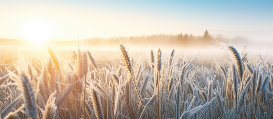 Poster - Spring frosts damaged winter crops and frozen plants in the meadow at sunrise affecting the sowing of wheat in agricultural fields covered with hoarfrost during the spring campaign