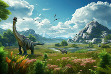 Dinosaurs In The Triassic Period Age In The Green Grass Land And Blue Sky Background, Habitat Of Dinosaur, History Of World Concept.