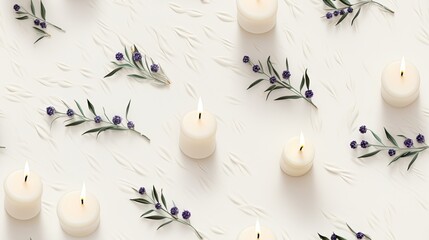  a group of white candles with lavender sprigs on a white background.  generative ai