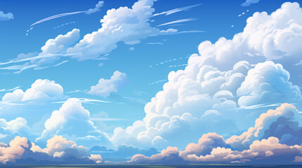 A sunny day sky scene of heavenly bright weather with fluffy white clouds and a shining sun, illustrated in an anime style.