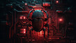 © TRAVELARIUM - Red light glowing computer bug perched on microchip symbolizing threat of software bugs and elusive nature of zero day vulnerabilities in software security, critical bug in computer software program