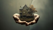 Old Haunted Abandoned House In Human Hands, Concept Of Halloween Event, Poster And Fairy Tale In Reality.
