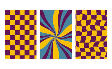 Collection of retro checkerboard backgrounds featuring vivid hues. A groovy and psychedelic chessboard pattern inspired by the 60s and 70s. Perfect for print templates, textiles, or as a vector wallpa