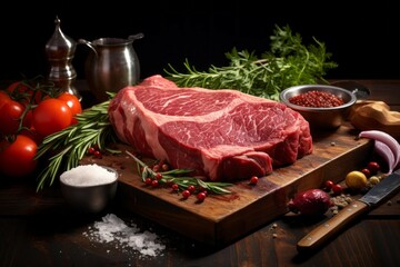 Appetizing fresh meat on a cutting board. Background with selective focus and copy space