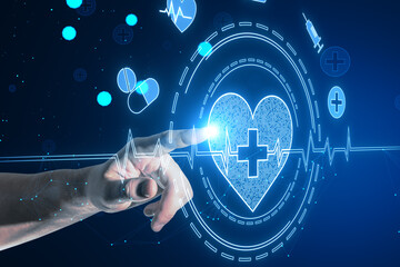 Wall Mural - Close up of male hand pointing at glowing bright medical heart interface on blurry blue background. Innovation and cardiology concept.