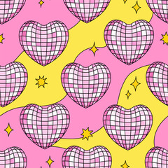 Psychedelic seamless pattern with heart shaped disco balls. Vector wavy background in 1960s style