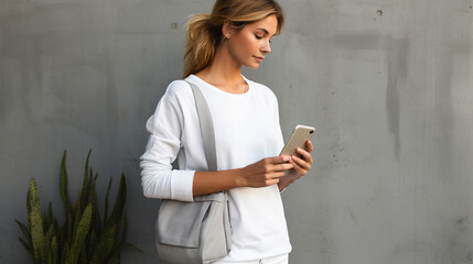 Smiling businesswoman in casual clothes uses a smartphone. A small business owner looks at his cell phone and smiles