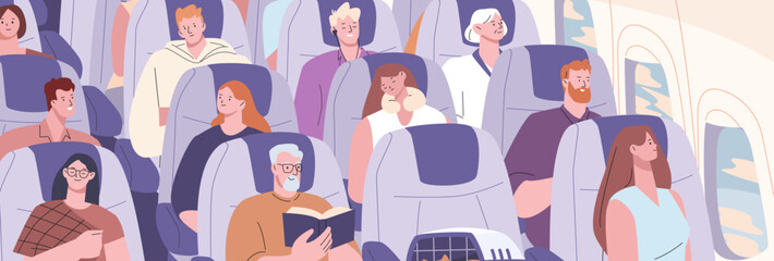 Sticker - Passengers on plane. People sitting on airplane board, air flight concept. Aircraft travellers, women men sleeping, talking and reading kicky vector scene