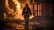 firefighter training., fireman using water and extinguisher to fighting with fire flame in an emergency situation., under danger situation all firemen wearing fire fighter suit for safety