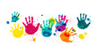 Colorful handprints on white background