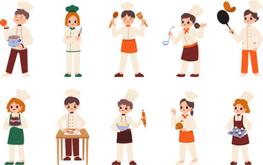 Sticker - Children chefs cooking. Isolated kids in chef uniform bakes. Childish workshop on kitchen, cute little toddlers doing food, snugly vector set