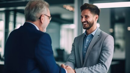 Portrait of cheerful young manager handshake with new employee