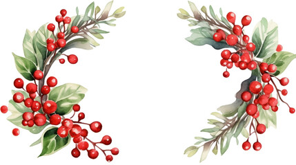 Poster - Watercolor mistletoe wreath with red berries and a wooden frame