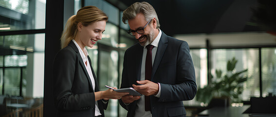 Two happy professional business people team working using a tablet. Man and women employee